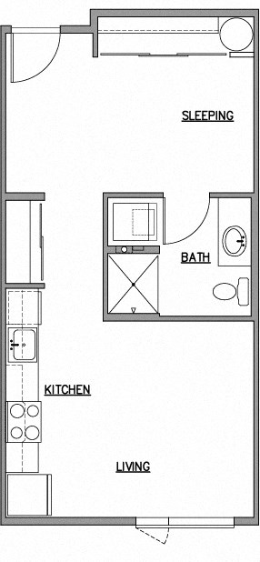 Floor plan for studio, 1 bath, 490 sqft