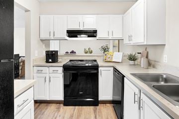 Post Falls apartment for rent - A black dishwasher is in the middle of a white kitchen.