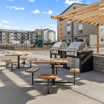 Outdoor patio with picnic tables and barbecue grills