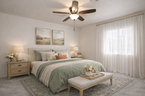 Atwater apartment for rent - Spacious bedroom with sage green bedding and ceiling fan at Castle Vista Senior Duplex Community Apartments, Atwater