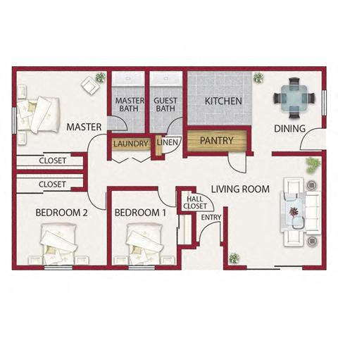 Floor plan for 3 beds, 2 baths, 1232 sqft