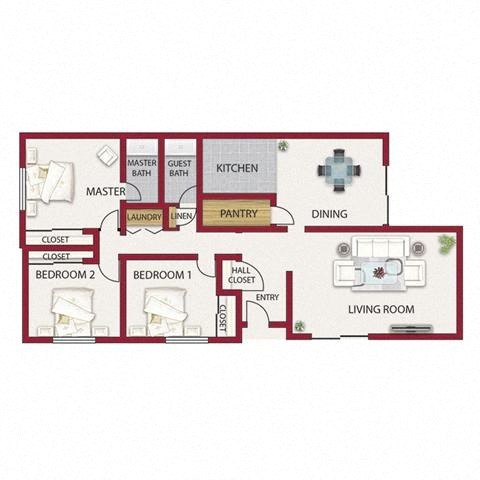 Floor plan for 3 beds, 2 baths, 1560 sqft