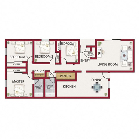 Floor plan for 4 beds, 2 baths, 1592 sqft