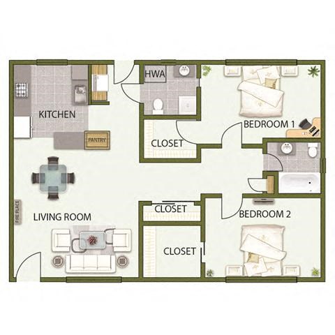 Floor plan for 2 beds, 2 baths, 990 sqft