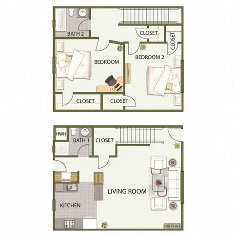 Floor plan for 2 beds, 2 baths, 1200 sqft