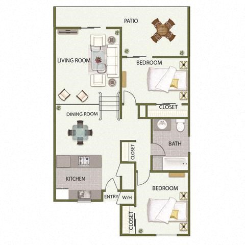 Floor plan for 2 beds, 1 bath, 900 sqft
