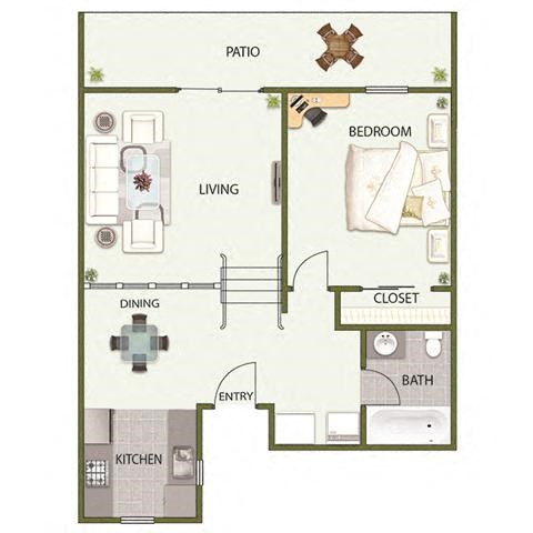 Floor plan for 1 bed, 1 bath, 700 sqft