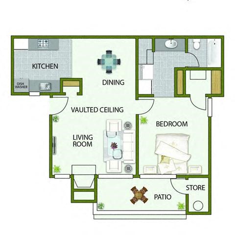 Floor plan for 1 bed, 1 bath, 678 sqft