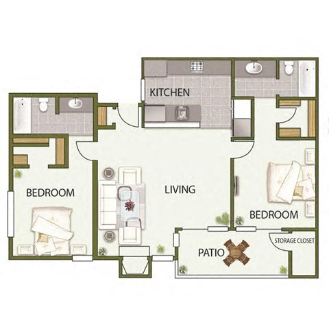 Floor plan for 2 beds, 2 baths, 937 sqft