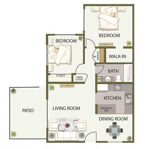 Floor plan for 2 beds, 1 bath, 832 sqft