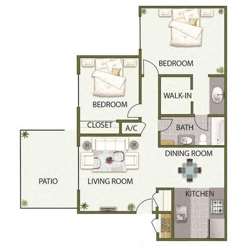 Floor plan for 2 beds, 1 bath, 920 sqft