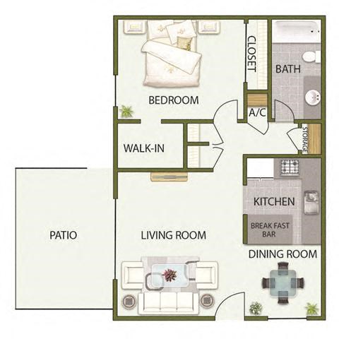Floor plan for 1 bed, 1 bath, 630 sqft