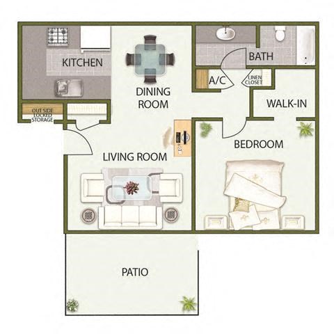 Floor plan for 1 bed, 1 bath, 710 sqft