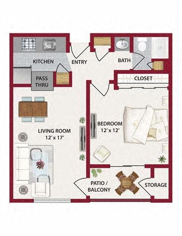 Floor plan for 1 bed, 1 bath, 650 sqft