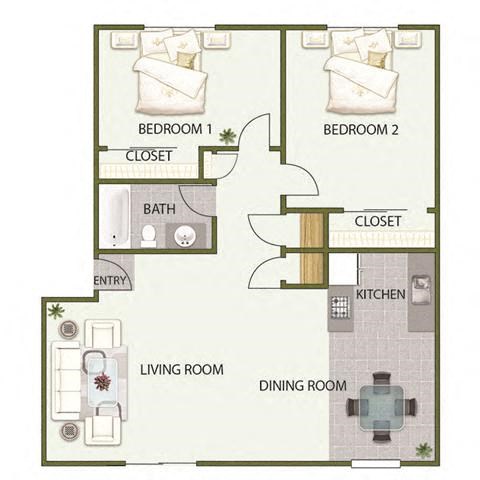 Floor plan for 2 beds, 1 bath, 880 sqft