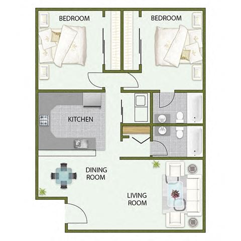 Floor plan for 2 beds, 2 baths, 870 sqft