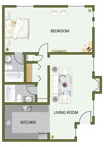 Floor plan for 1 bed, 2 baths, 870 sqft