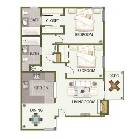 Floor plan for 2 beds, 2 baths, 883 sqft