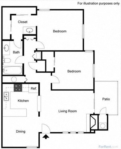 Floor plan for 2 beds, 1 bath, 844 sqft