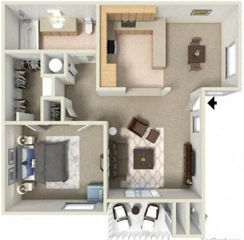 Floor plan for 1 bed, 1 bath, 646 sqft
