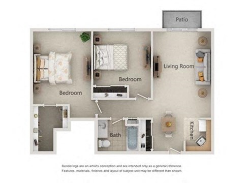 Floor plan for 2 beds, 1 bath, 814 sqft
