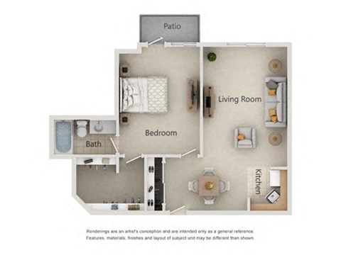 Floor plan for 1 bed, 1 bath, 675 sqft