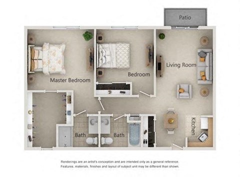 Floor plan for 2 beds, 2 baths, 905 sqft