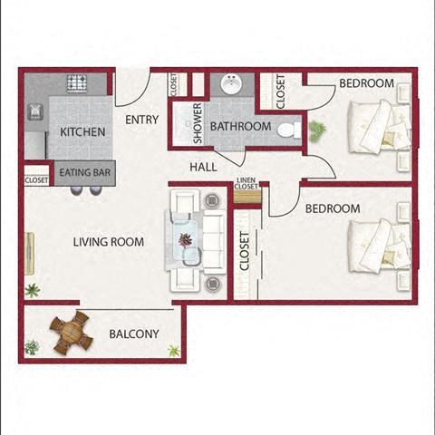 Floor plan for 2 beds, 1 bath, 748 sqft