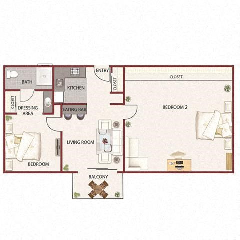 Floor plan for 2 beds, 1 bath, 804 sqft