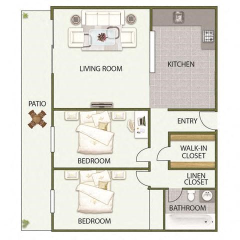 Floor plan for 2 beds, 1 bath, 859 sqft
