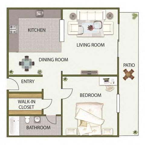 Floor plan for 1 bed, 1 bath, 670 sqft