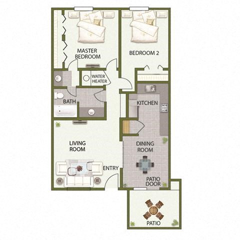 Floor plan for 2 beds, 1 bath, 975 sqft