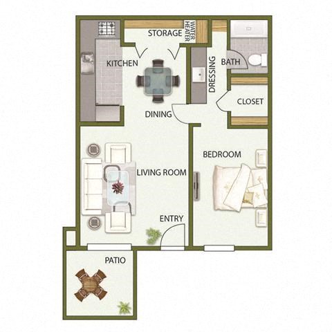 Floor plan for 1 bed, 1 bath, 625 sqft