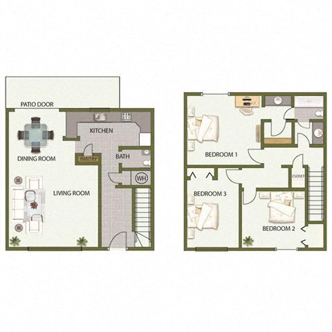 Floor plan for 3 beds, 1.8 baths, 1350 sqft