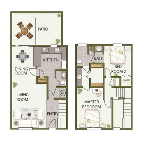 Floor plan for 2 beds, 1.8 baths, 1150 sqft
