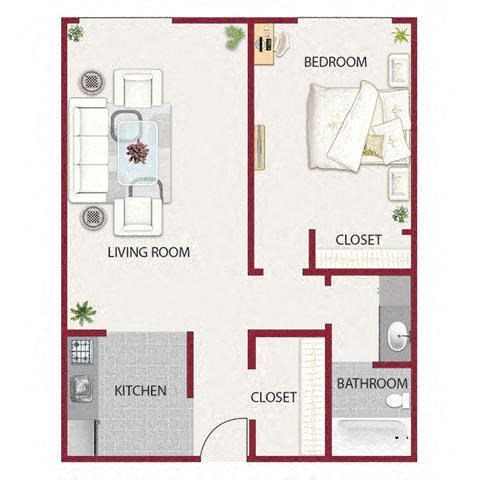 Floor plan for 1 bed, 1 bath, 581 sqft