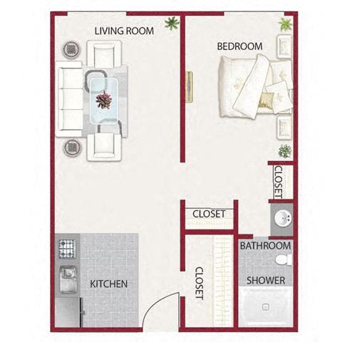 Floor plan for 1 bed, 1 bath, 581 sqft