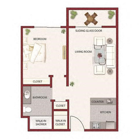 Floor plan for 1 bed, 1 bath, 581 sqft