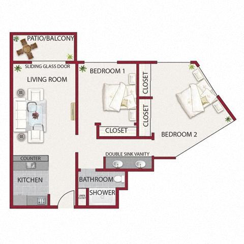 Floor plan for 2 beds, 1 bath, 785 sqft