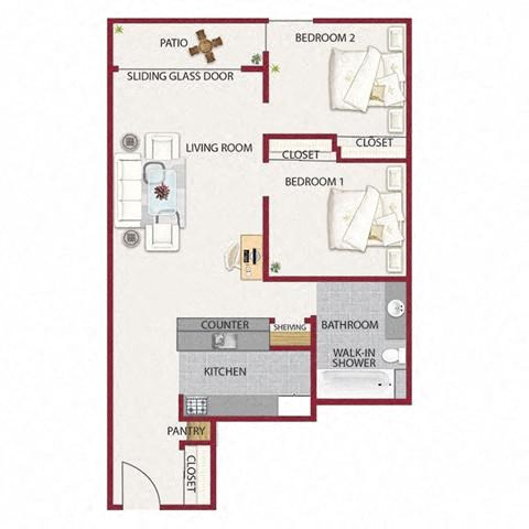 Floor plan for 2 beds, 1 bath, 823 sqft
