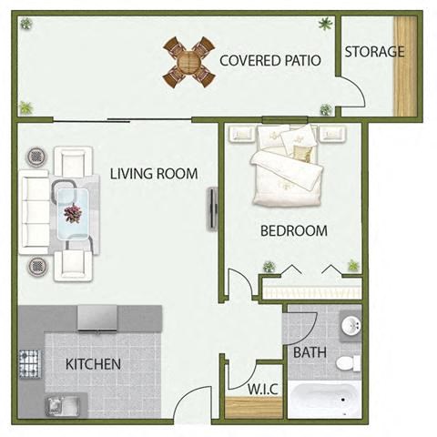 Floor plan for 1 bed, 1 bath, 700 sqft
