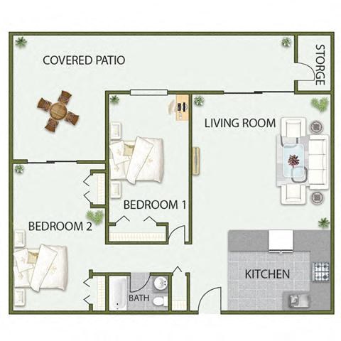 Floor plan for 2 beds, 1 bath, 900 sqft