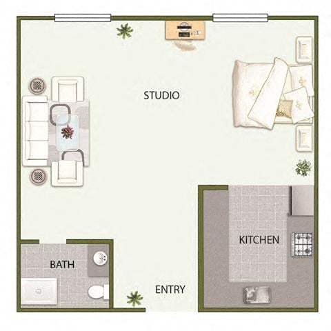 Floor plan for studio, 1 bath, 393 sqft