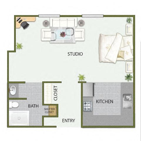 Floor plan for studio, 1 bath, 495 sqft