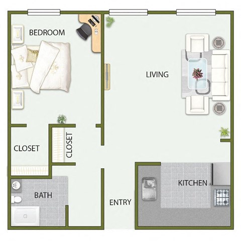 Floor plan for 1 bed, 1 bath, 624 sqft