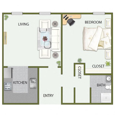 Floor plan for 1 bed, 1 bath, 708 sqft