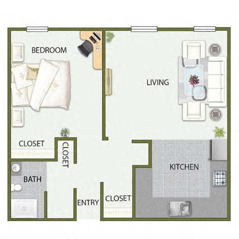 Floor plan for 1 bed, 1 bath, 590 sqft