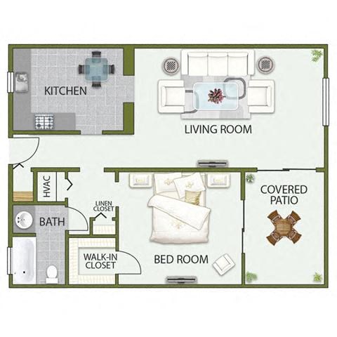Floor plan for 1 bed, 1 bath, 850 sqft