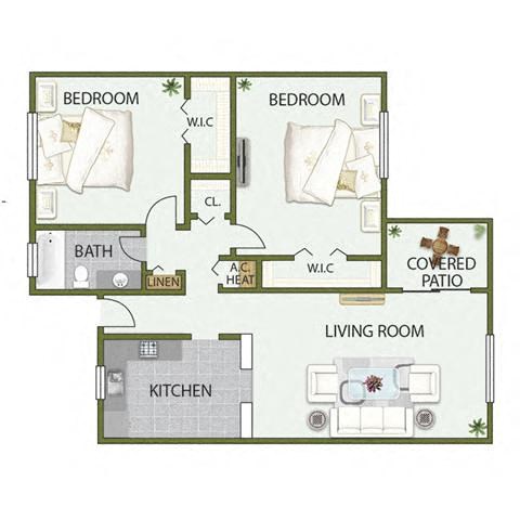 Floor plan for 2 beds, 1 bath, 1150 sqft