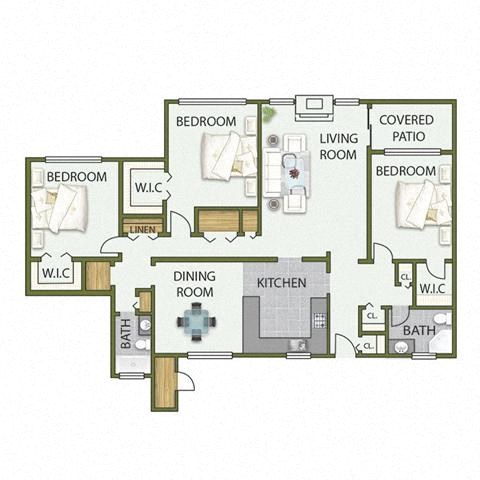 Floor plan for 3 beds, 2 baths, 1850 sqft